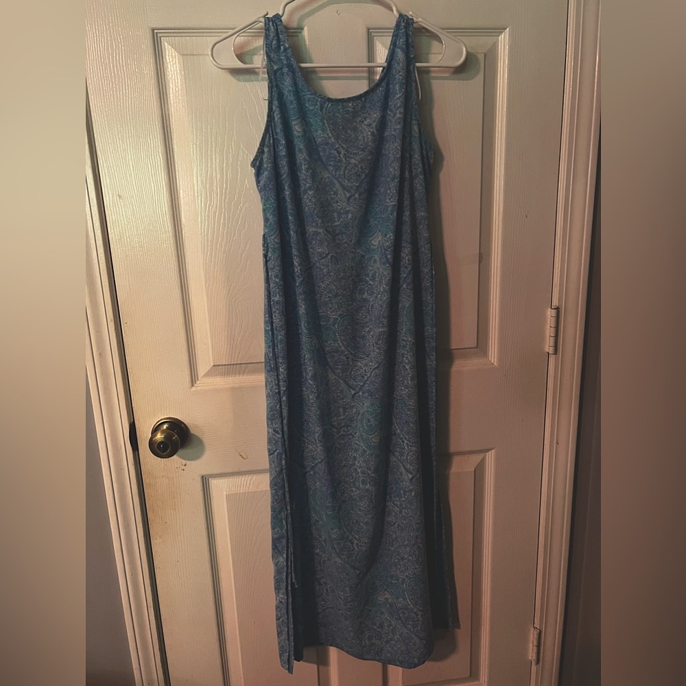 blue patterned maxi slip dress